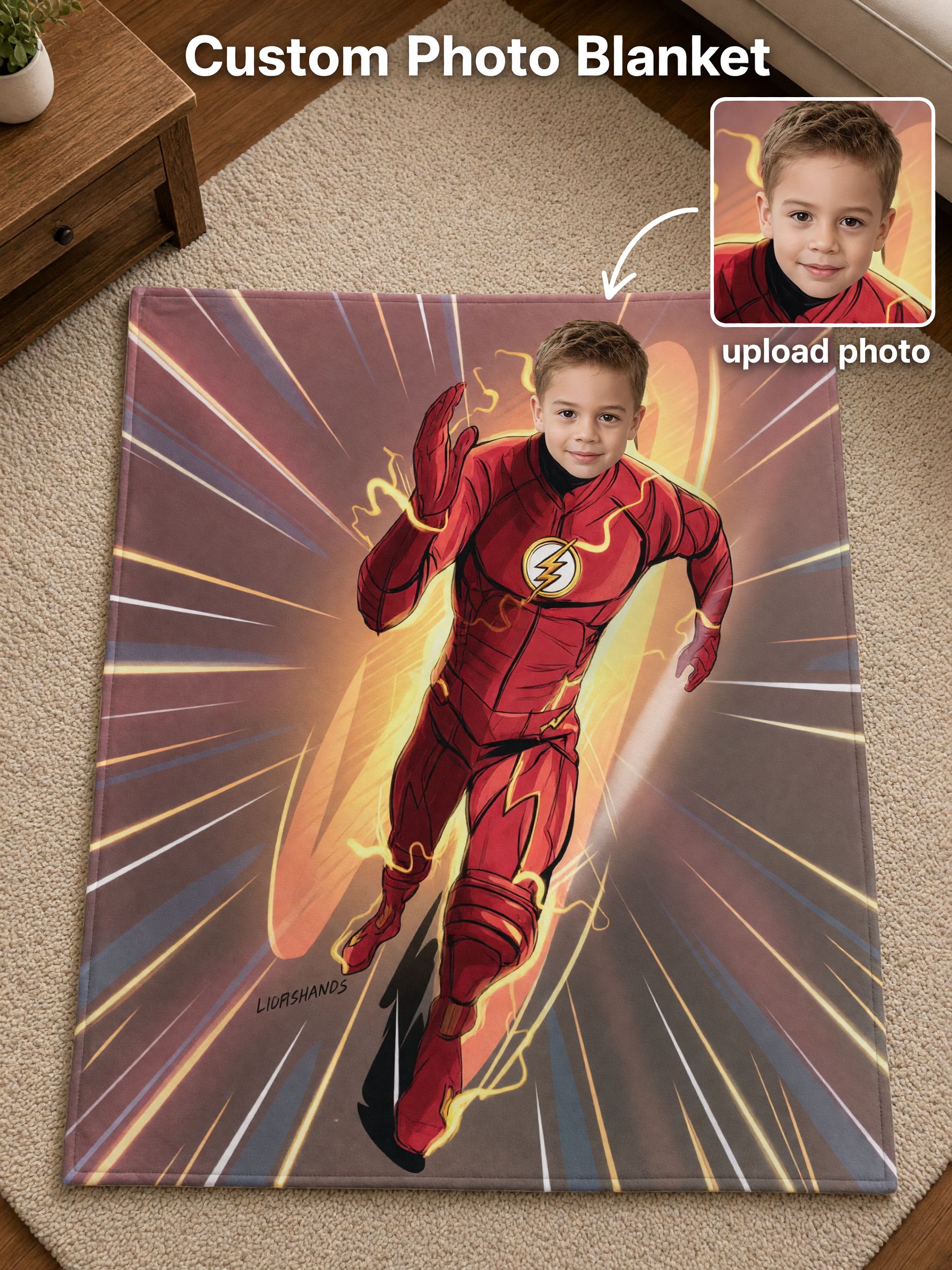 Custom Face Superhero Flannel Blanket, Personalized Photo Plush Throw for Kids, Cozy Comic Hero Fleece Gift