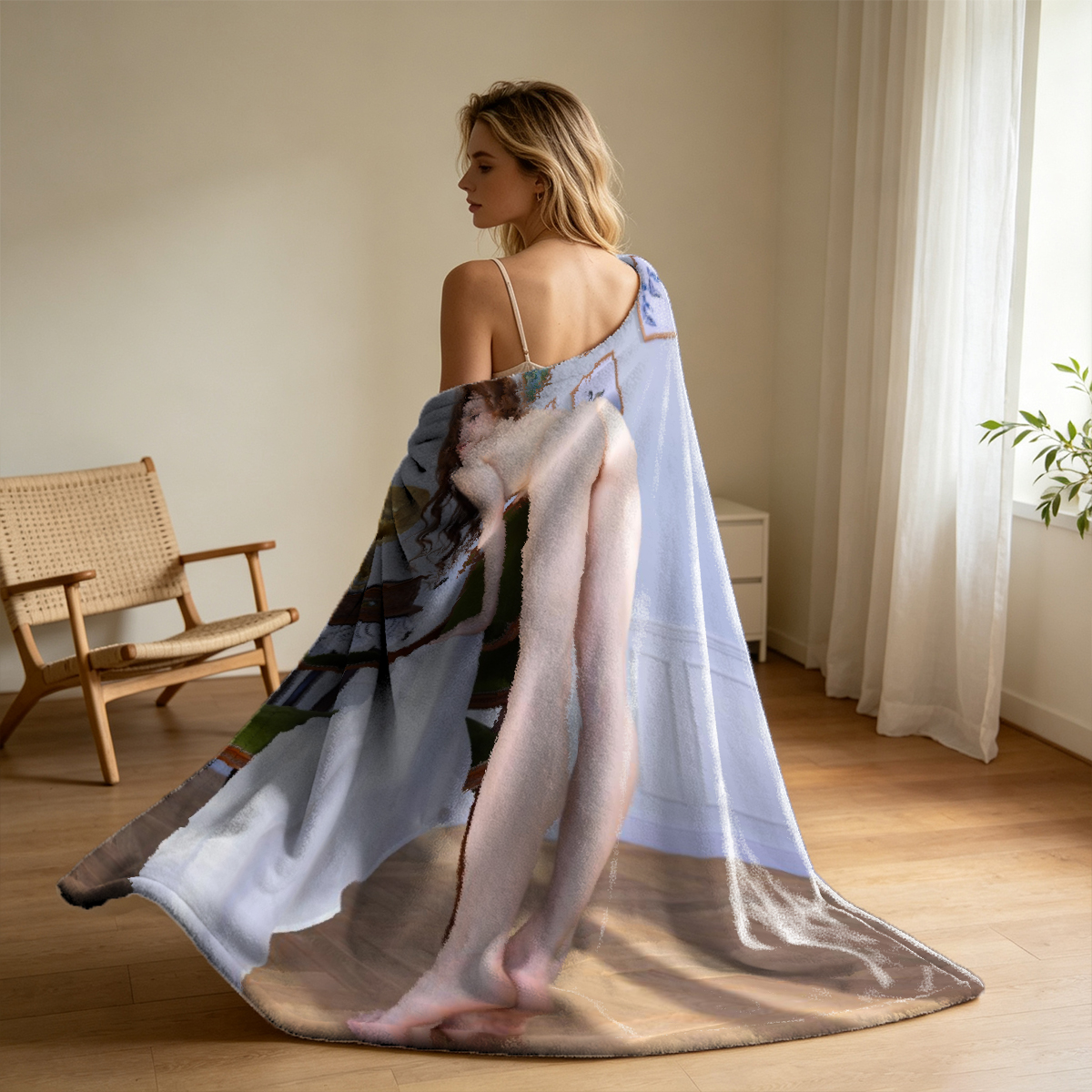 Nude Blonde Squatting in Heels at Wooden Door - Blanket