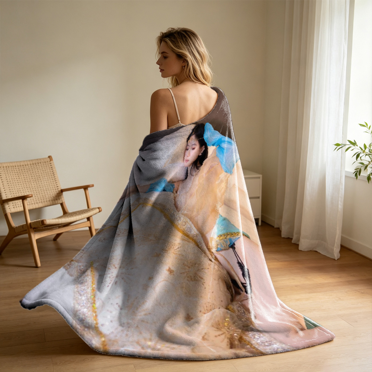 Nude brunette kneeling on gray couch in attic, back arched, long wavy hair cascading down her back. - Blanket