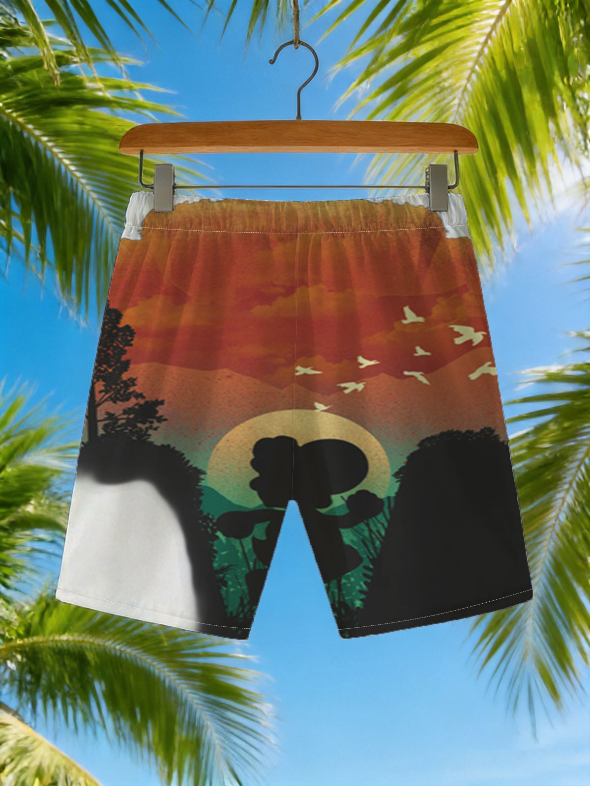 Mickey Mouse Silhouette at Sunset with Birds Flying -  Beach shorts