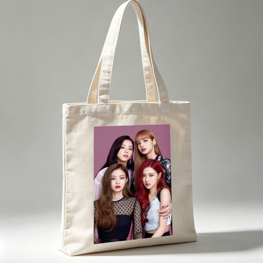 BLACKPINK Group Portrait - Four Members in Stylish Outfits Against Purple Background - Canvas tote bags