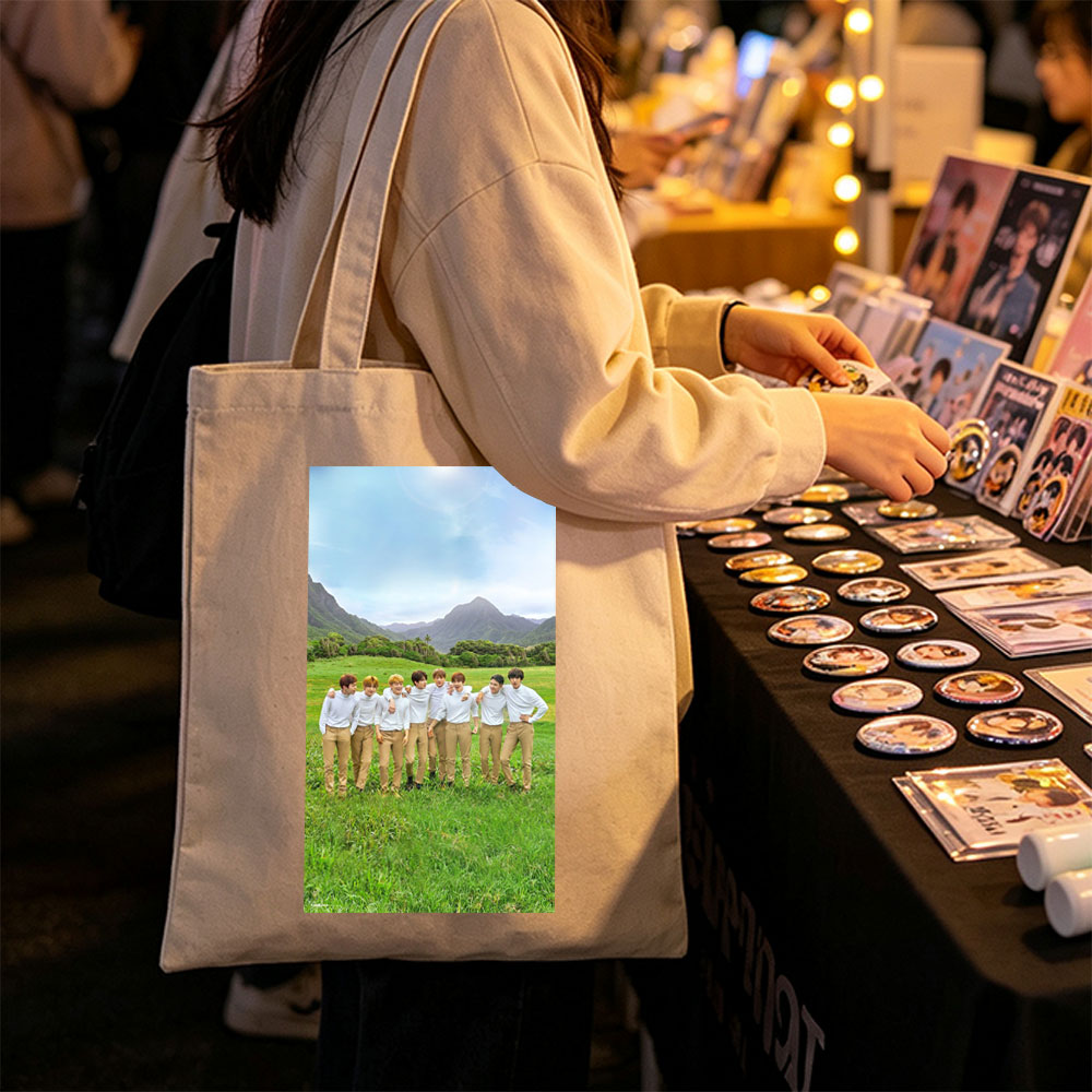 BTS in a Serene Mountain Field Wearing Matching White Shirts and Beige Pants - Canvas tote bags