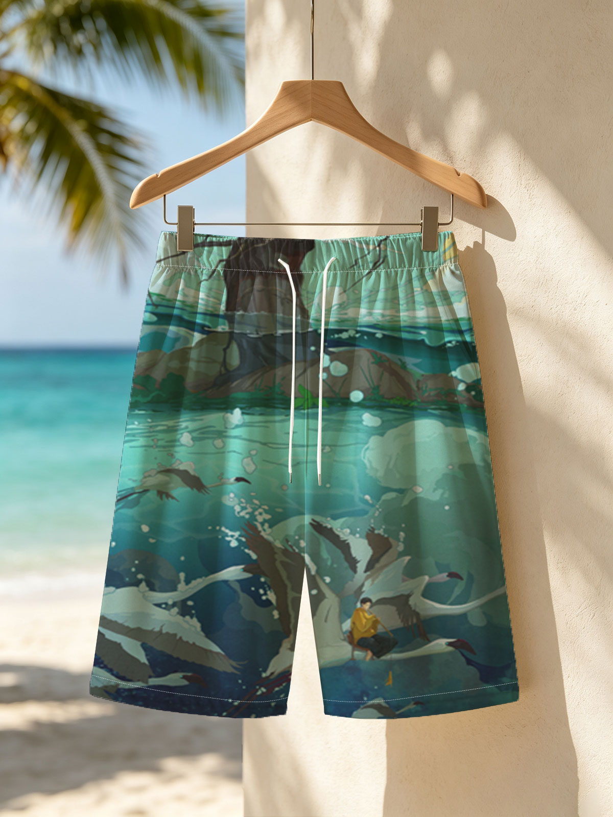 A boy rides a swan through a mystical underwater world beneath a giant tree. -  Beach shorts