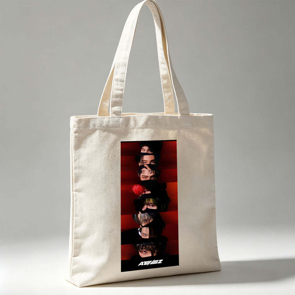 ATEEZ Dark Red Background Vertical Portrait Collage with Members' Eyes and Hair Details - Canvas tote bags