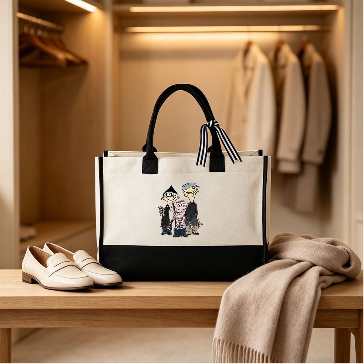 Three Cartoon Characters in Punk Style with Unique Outfits and Expressions - Canvas patchwork gift tote bag