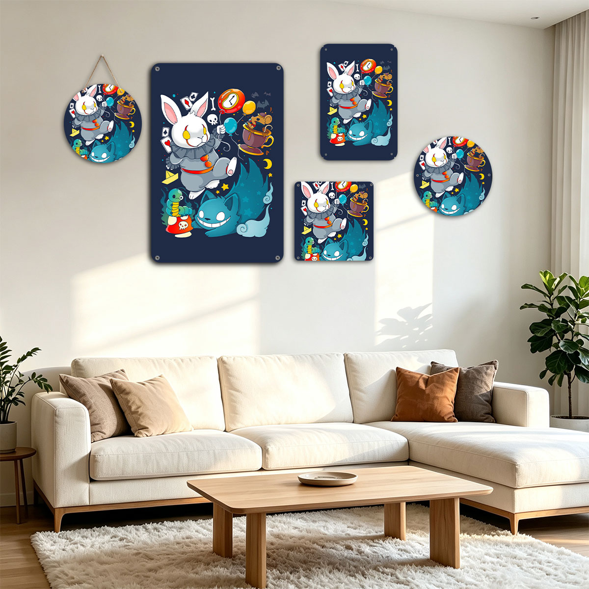 Alice in Wonderland Characters: White Rabbit, Cheshire Cat, Mad Hatter, and Caterpillar in Whimsical Scene - painting
