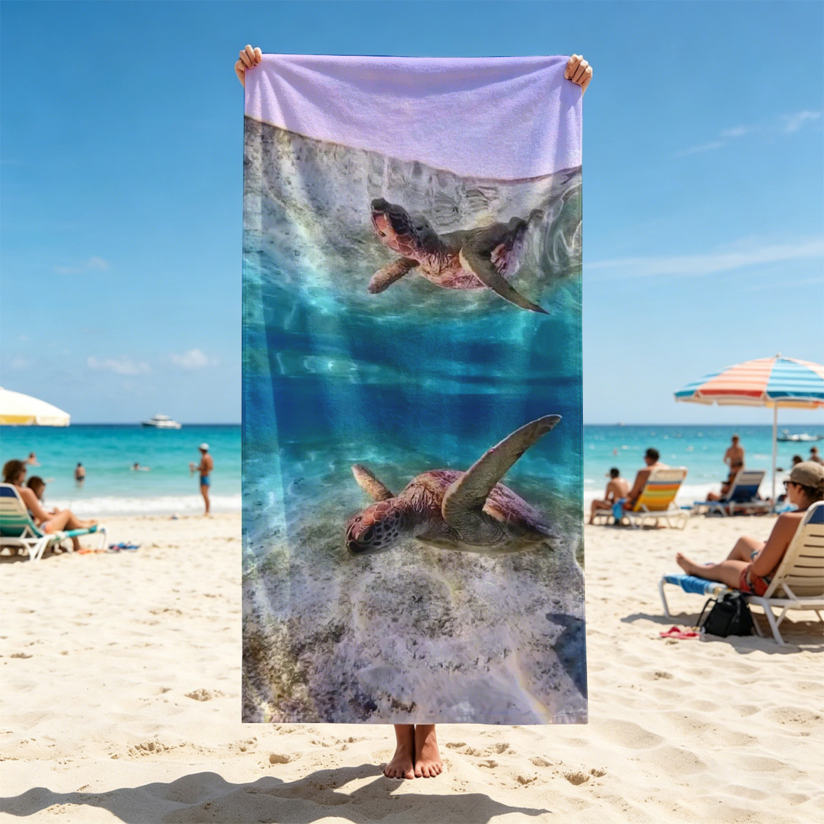 Sea turtles swim gracefully in clear blue waters, one near the surface and one gliding over sandy ocean floor. - Beach towels