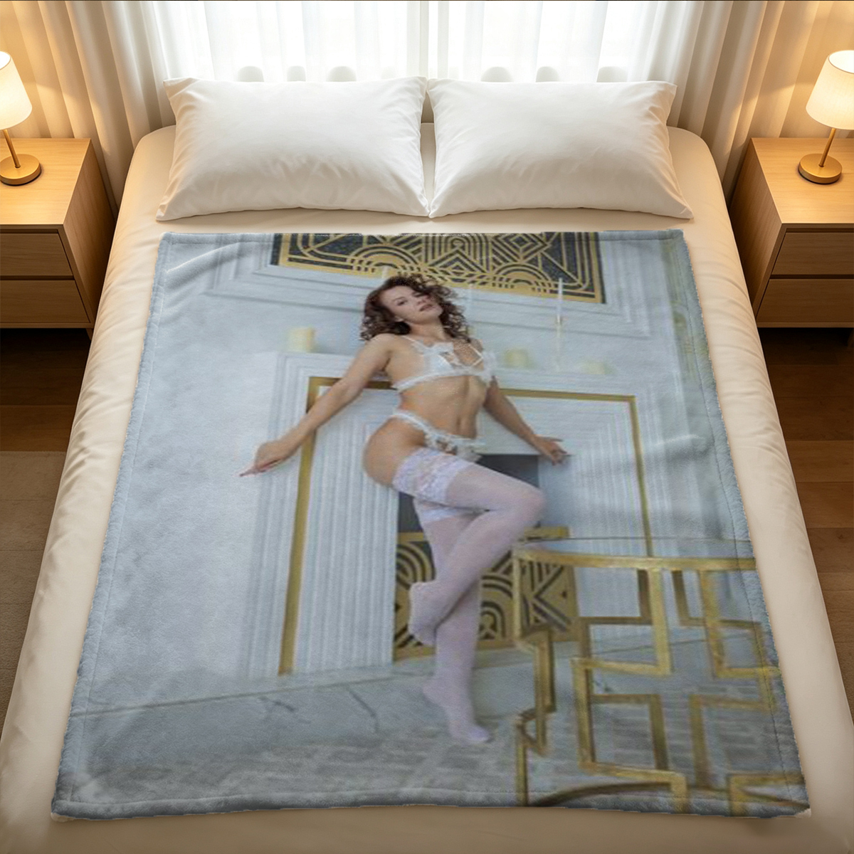 Blonde in black lace lingerie straddling transparent chair - Blanket