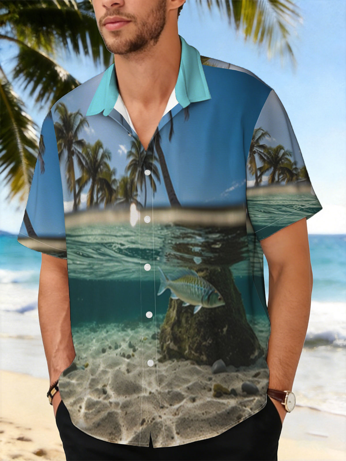 Tropical paradise with palm trees and a fish swimming underwater -  Shirt