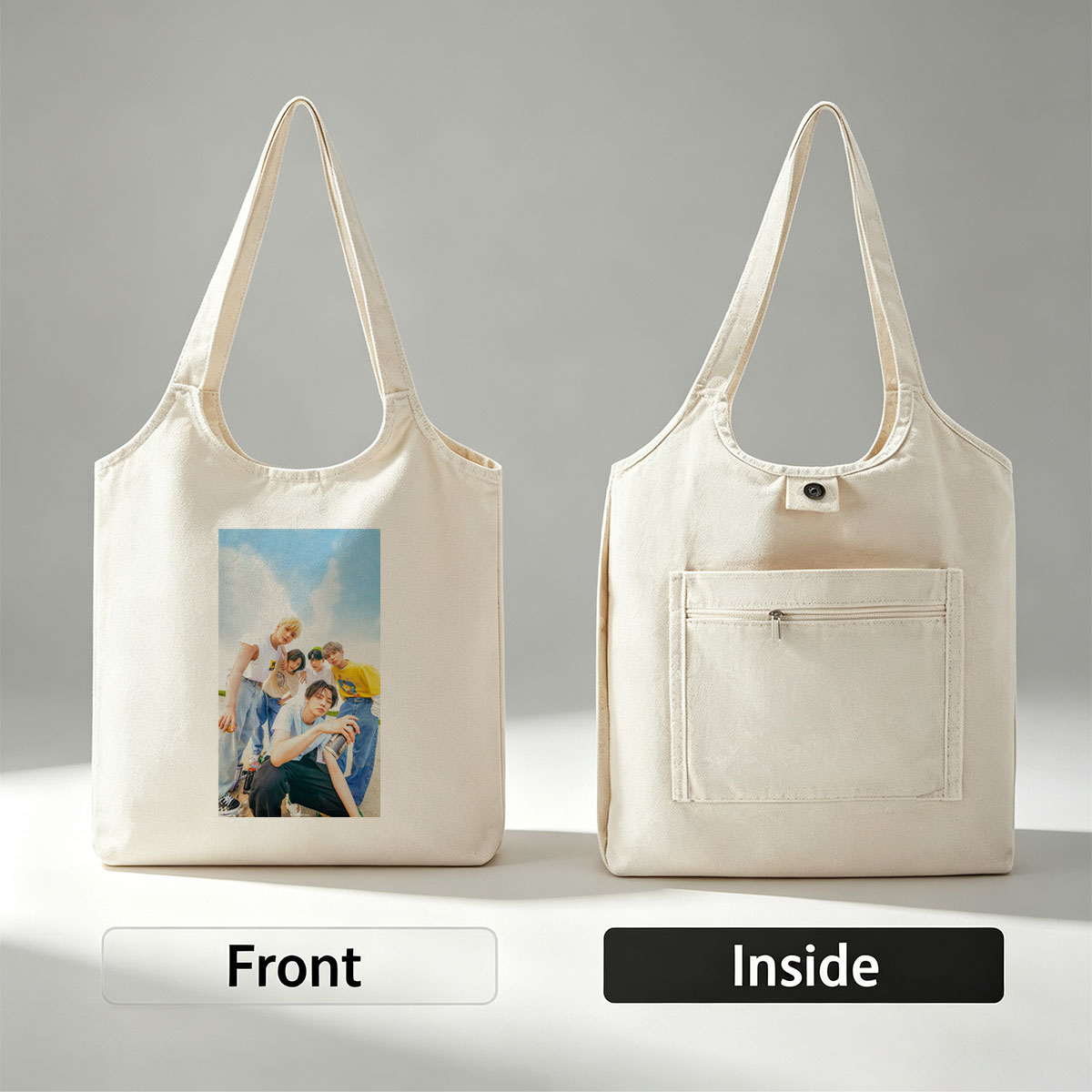 TXT Members Outdoors in Casual Wear Holding Drinks Under Blue Sky - Canvas shoulder bags/