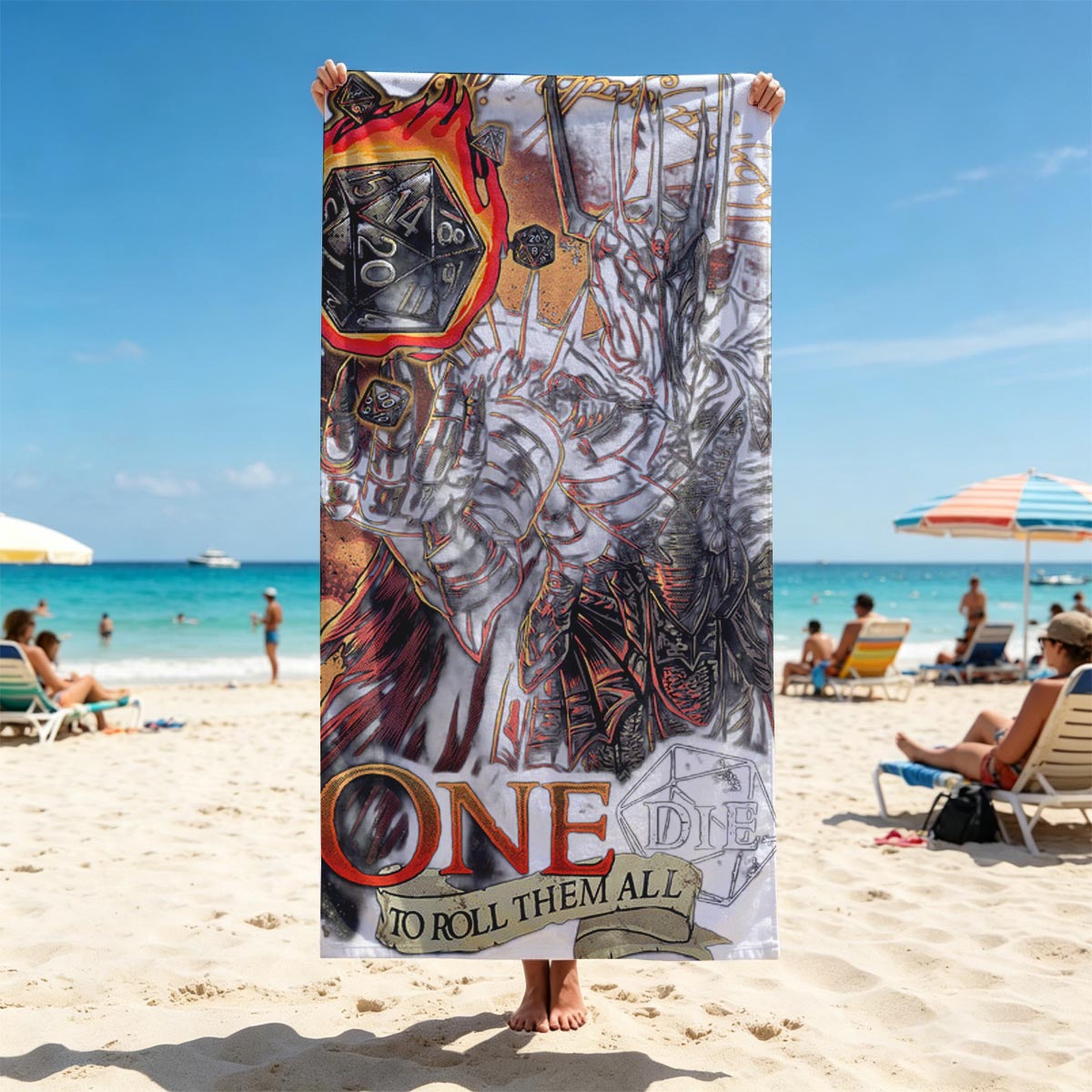 One Die to Roll Them All: Dark Knight with Fiery D20 - Beach towels
