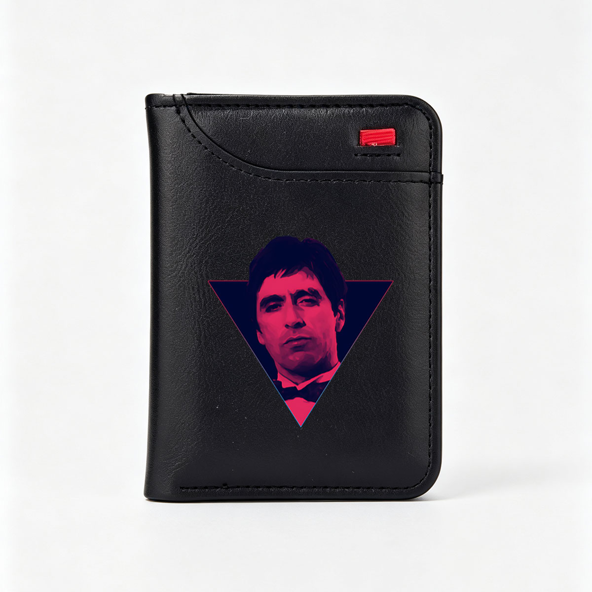 Al Pacino in a stylized portrait with vibrant pink and blue tones, framed within a triangle. - Vertical Style Wallet