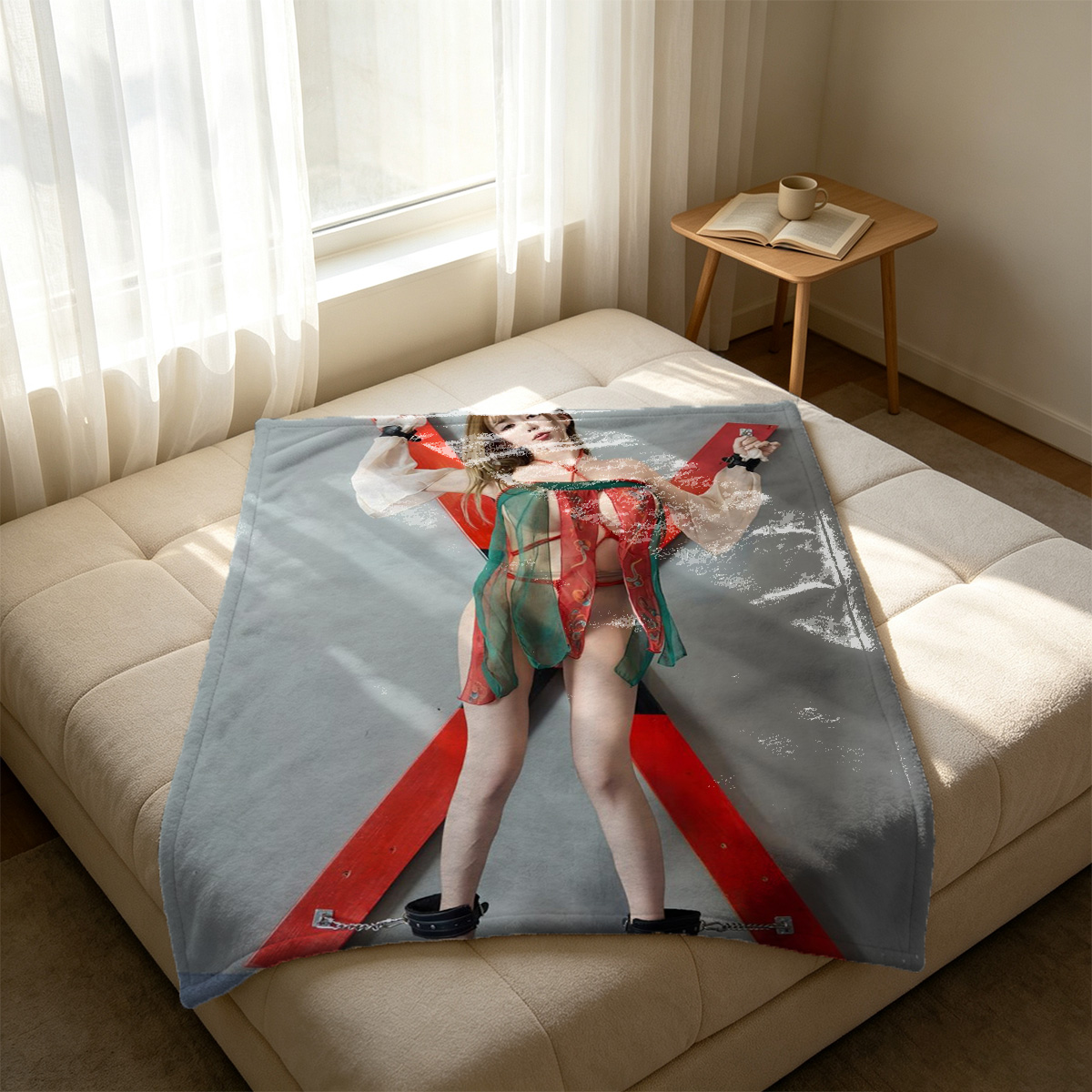 Naked woman with long hair posing on bed in hotel room - Blanket