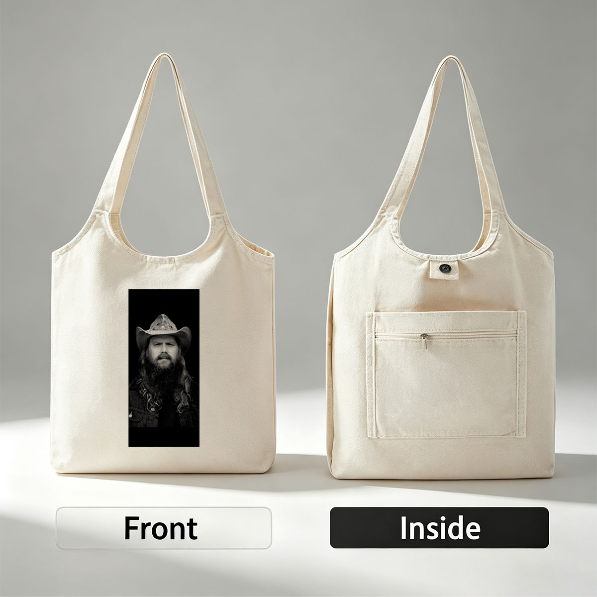 Chris Stapleton in a Cowboy Hat and Denim Jacket - Black and White Portrait - Canvas shoulder bags/