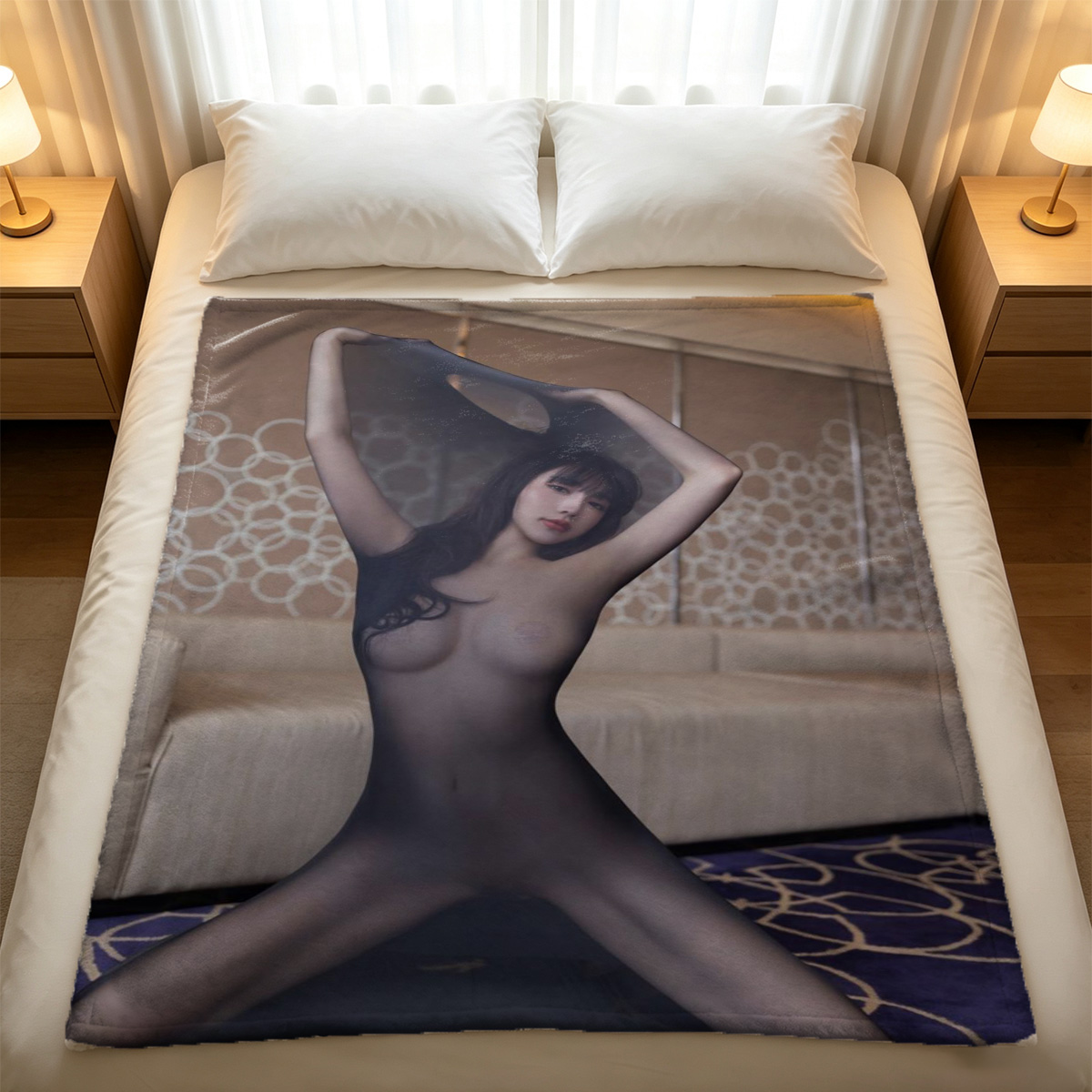 Elegant Asian beauty in sheer white lace lingerie sitting seductively. - Blanket