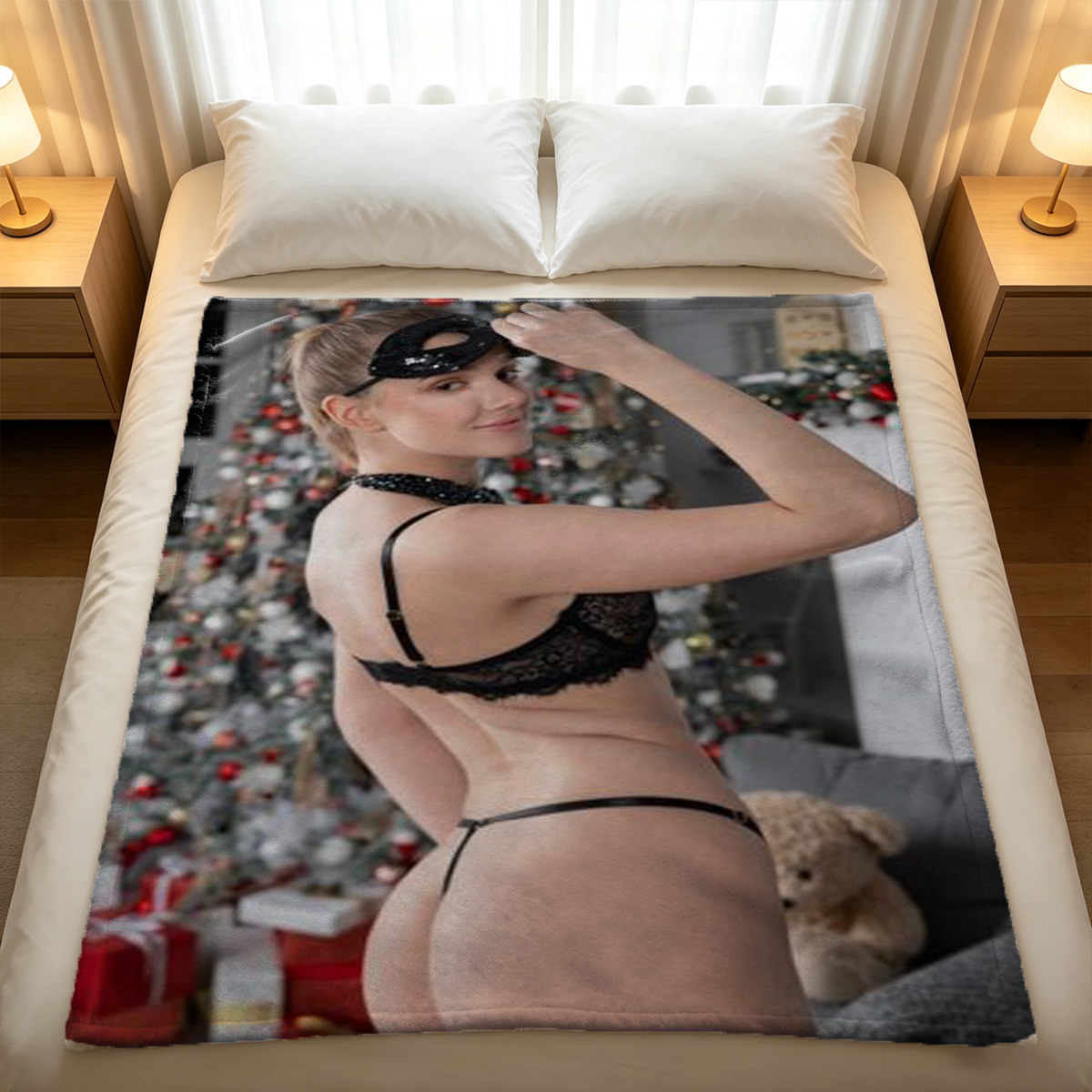 Nude Asian beauty in black stockings lying on hotel bed. - Blanket