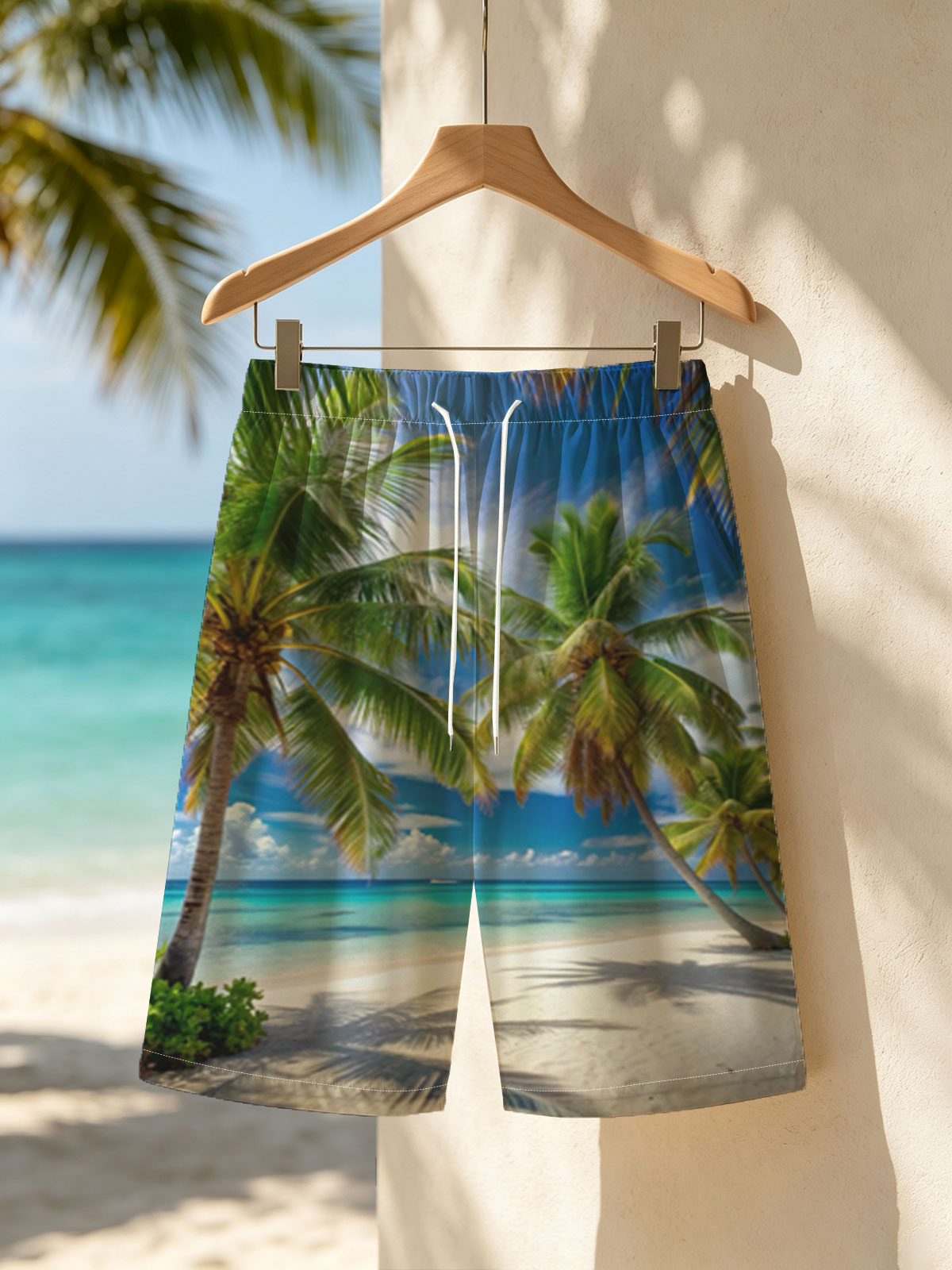 Tropical Beach with Palm Trees and Crystal Clear Water -  Beach shorts
