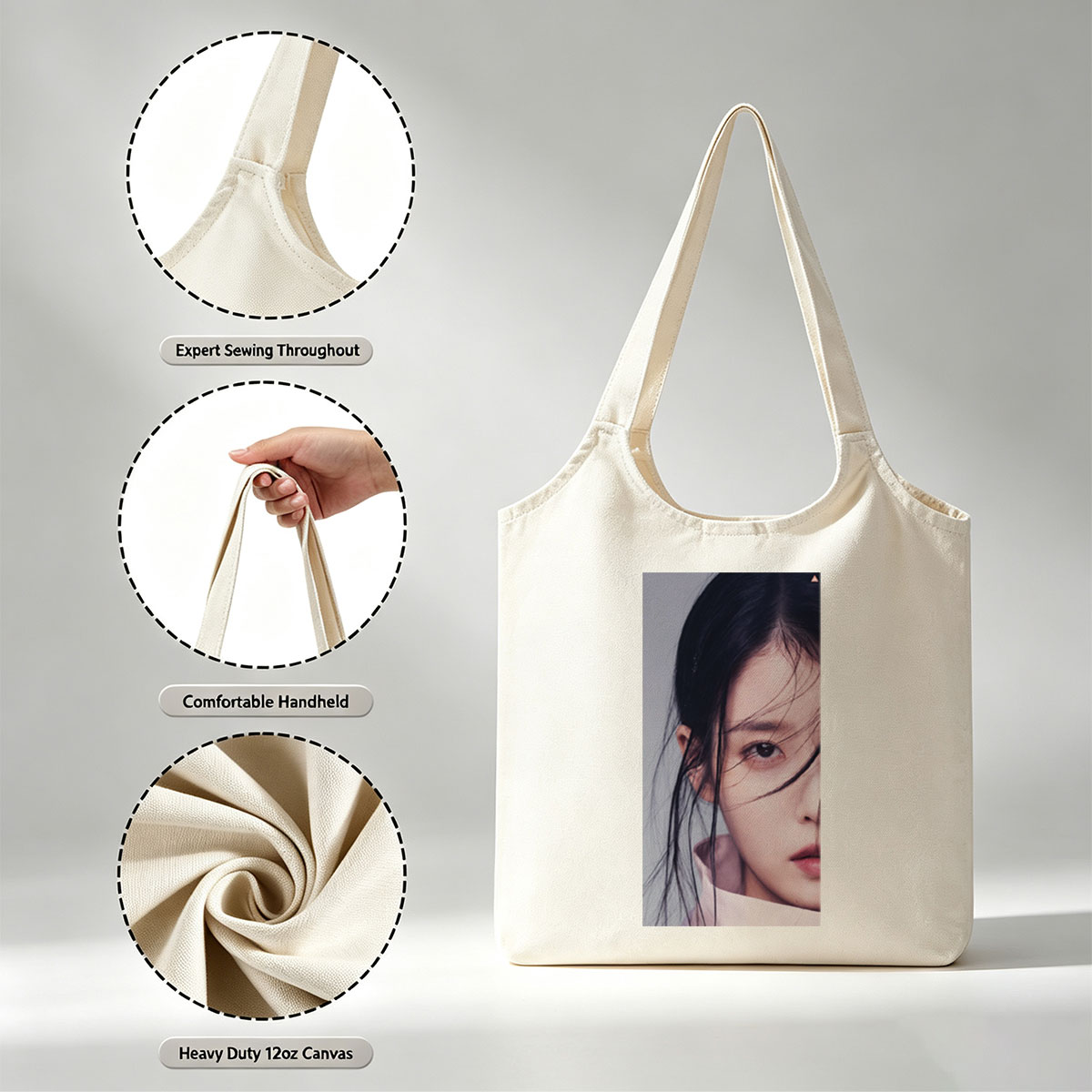 IU Close-Up Portrait with Soft Lighting and Gentle Expression - Canvas shoulder bags/