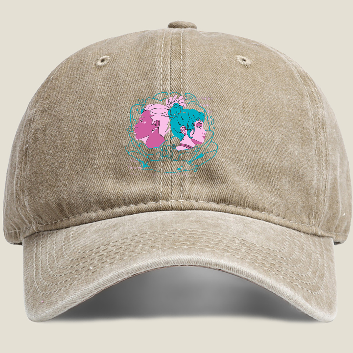 Two Women in Profile: A Stylized Artwork Featuring Pink and Teal Hair with French Text - Washed Denim - Baseball Cap