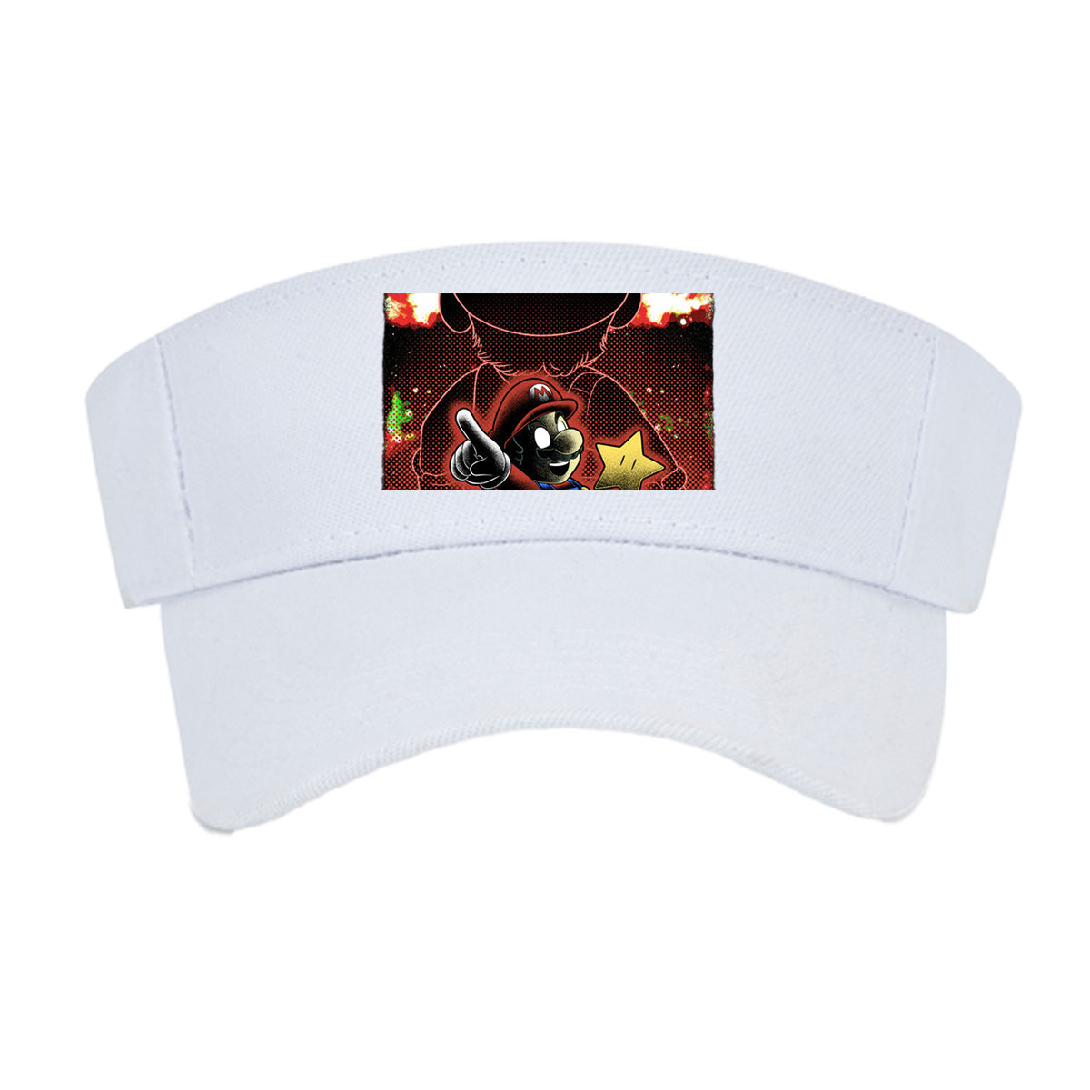 Mario Holds Star Against Shadowy Figure in Fiery Sky -  Visor cap