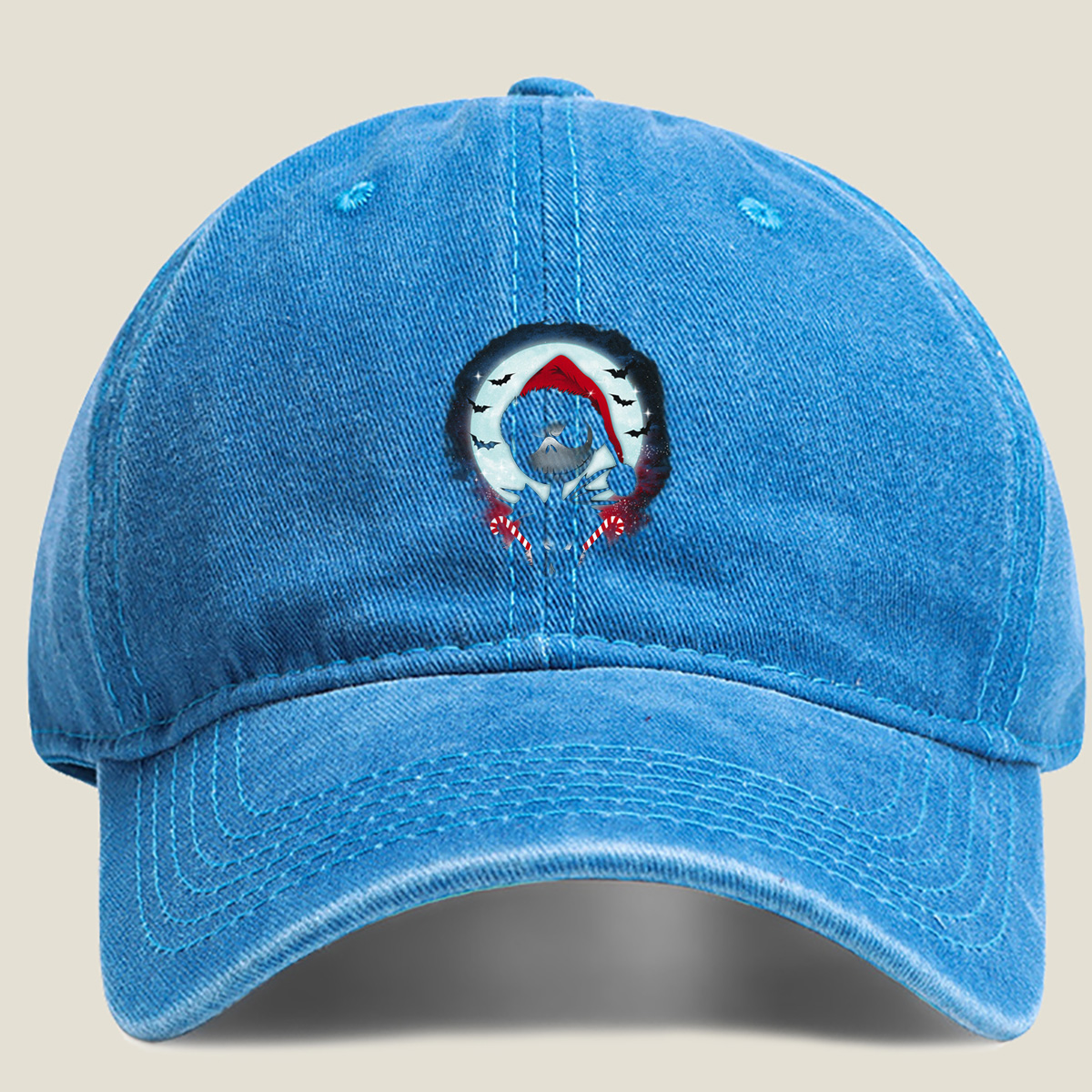 Jack Skellington in Santa Hat with Candy Canes Against Moonlit Sky - Washed Denim - Baseball Cap