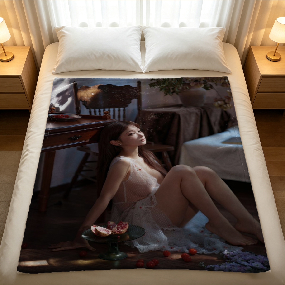 Playboy Bunny in Black Stockings Sitting on Vintage Sofa - Blanket