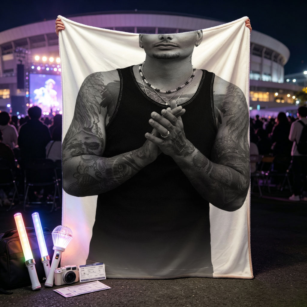 Daddy Yankee Clapping in Black and White Portrait with Tattooed Arms and Beaded Necklace - Blankets