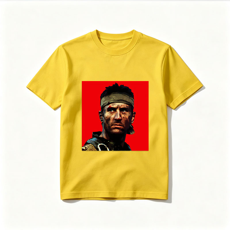 John McClane in Die Hard, intense action hero with headband and rugged look against red background - Tee