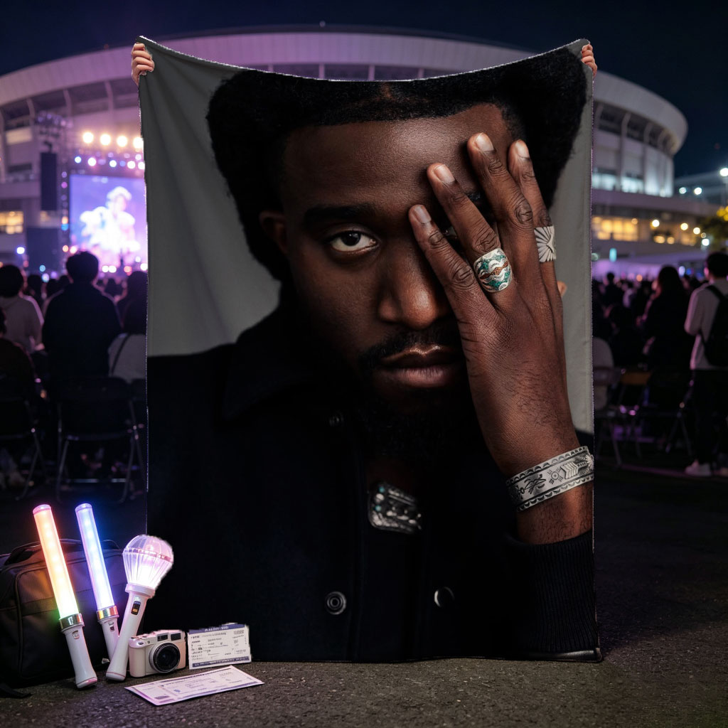 Kendrick Lamar Portrait with Hand on Face and Silver Jewelry - Blankets