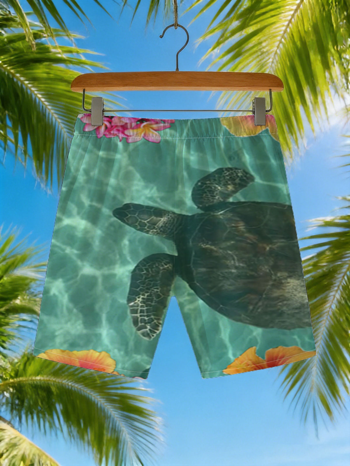 Sea Turtle Swimming Among Tropical Flowers in Clear Water -  Beach shorts