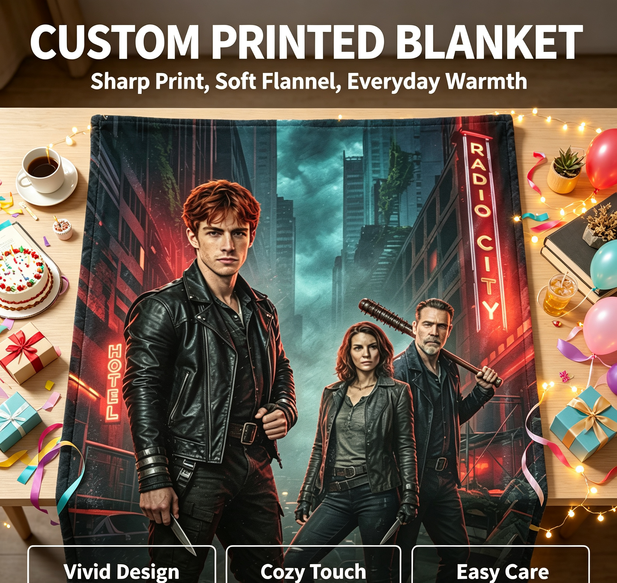 Custom Face Blanket The Walking Dead Dead City Season 3 Flannel Blanket for Fans and Collectors – Perfect Gift or Giveaway for TV Show Enthusiasts