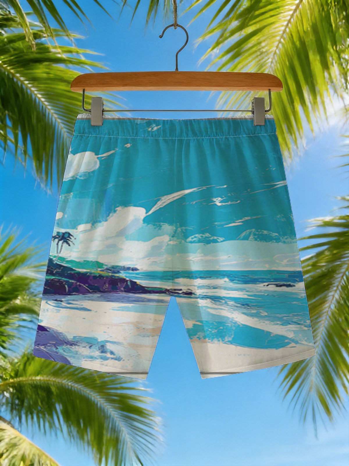 Tropical Beach with Palm Trees and Blue Sky -  Beach shorts
