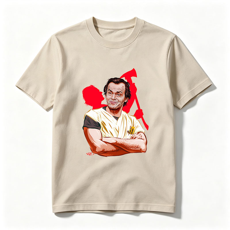Jack Nicholson as the Joker, iconic villain from Batman, depicted in a stylized caricature with a menacing grin and chaotic red background. - Tee