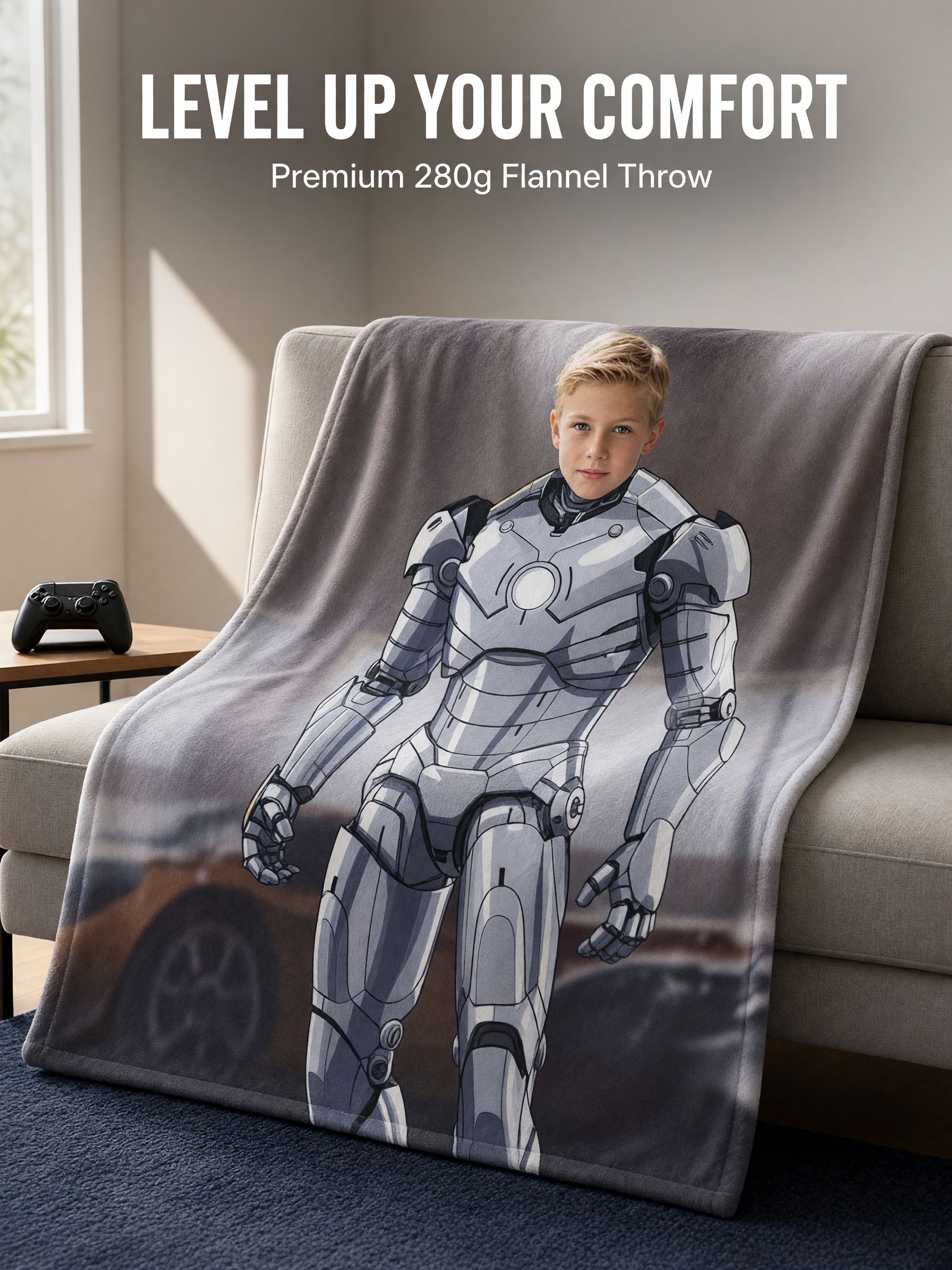 Custom Face Superhero Flannel Blanket, Personalized Photo Armor Fleece Throw, Cozy Anti-Pilling Keepsake Gift for Kids