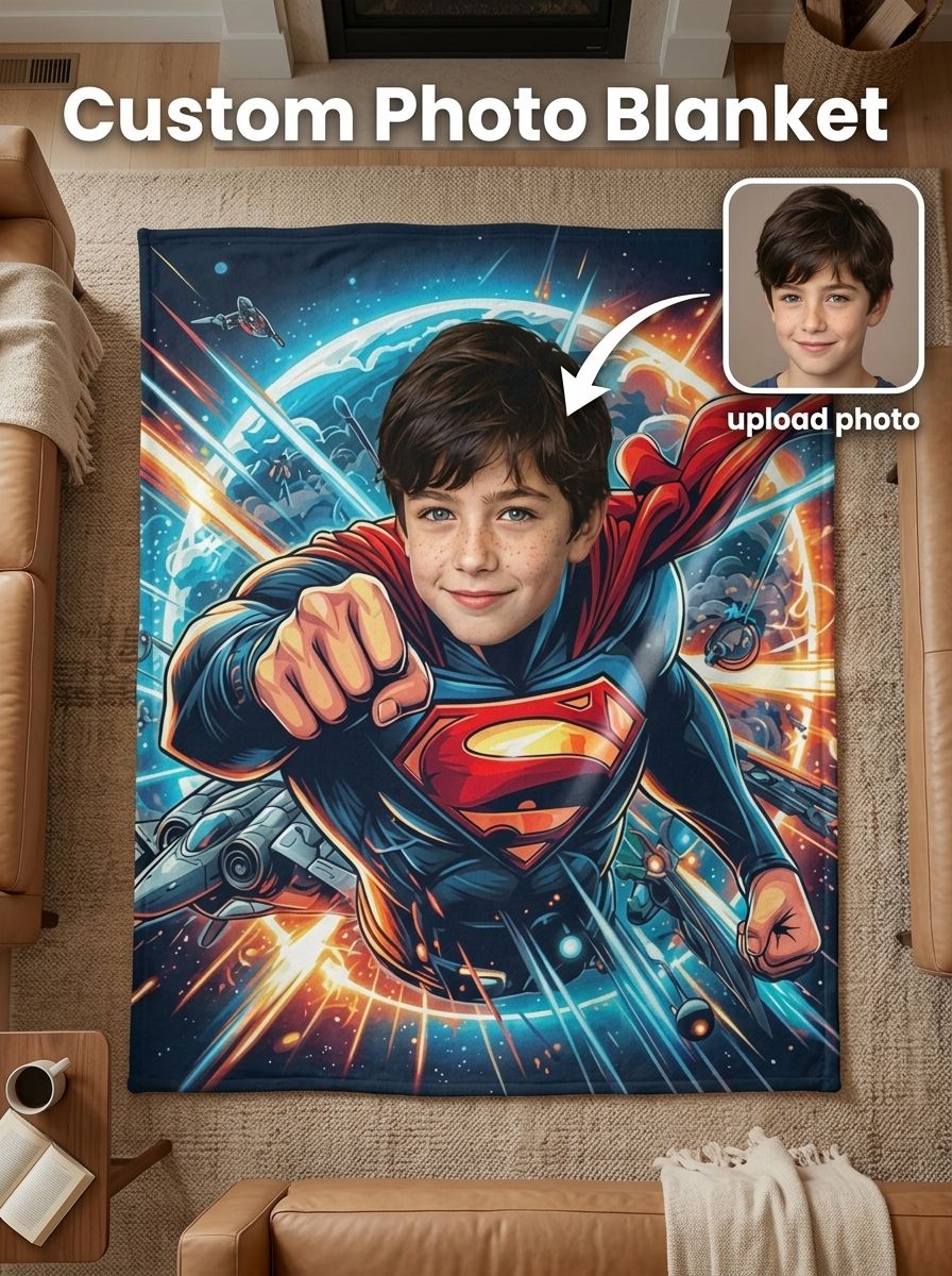 Custom Face Photo Superhero Flannel Fleece Blanket Personalized Comic Throw Cozy Bedding Gift for Kids and Adults