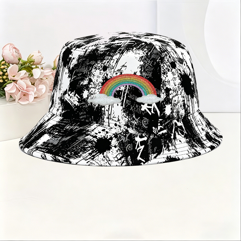 Unisex Classic Graffiti Bucket Hat with Glitter Rainbow and Cloud Print | Casual Streetwear Sun Protection Hat for Outdoor Activities, Travel, Festival | Perfect for Young Adults and Trendy Fashion Lovers