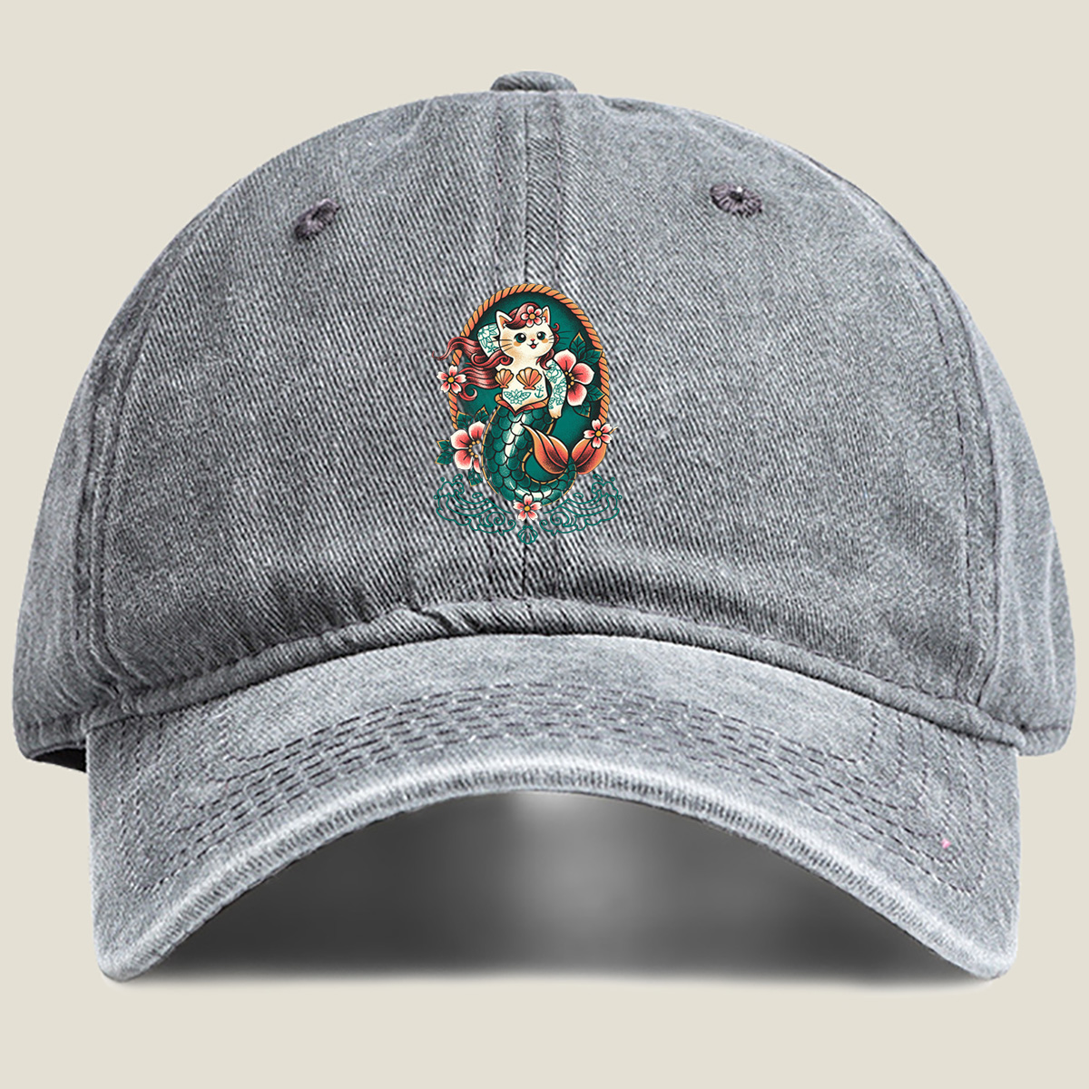 Mermaid Cat with Floral Design - Washed Denim - Baseball Cap