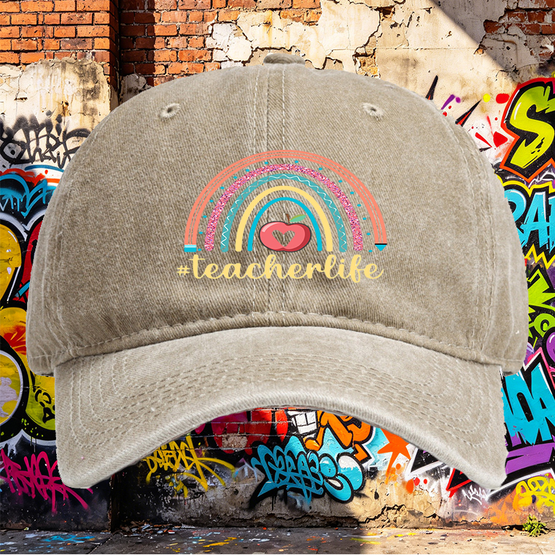 Unisex Classic Washed Hat with Rainbow Apple Print and #teacherlife Text – Perfect for Teachers, Educators, and School Events – Ideal Gift for Teaching Professionals