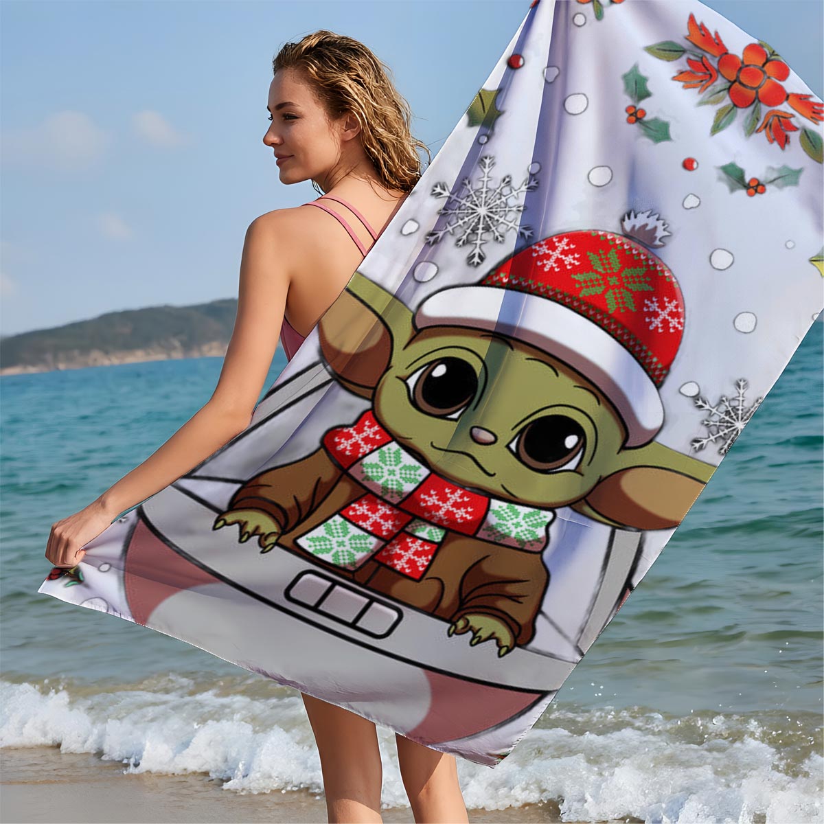 Baby Yoda in Christmas Hat and Scarf, Surrounded by Holiday Decorations - Beach towels