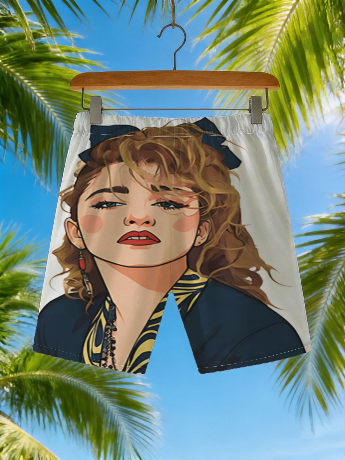 Portrait of a Woman with Blonde Hair and Blue Bow, Wearing a Navy Blue Top with Yellow Patterns -  Beach shorts