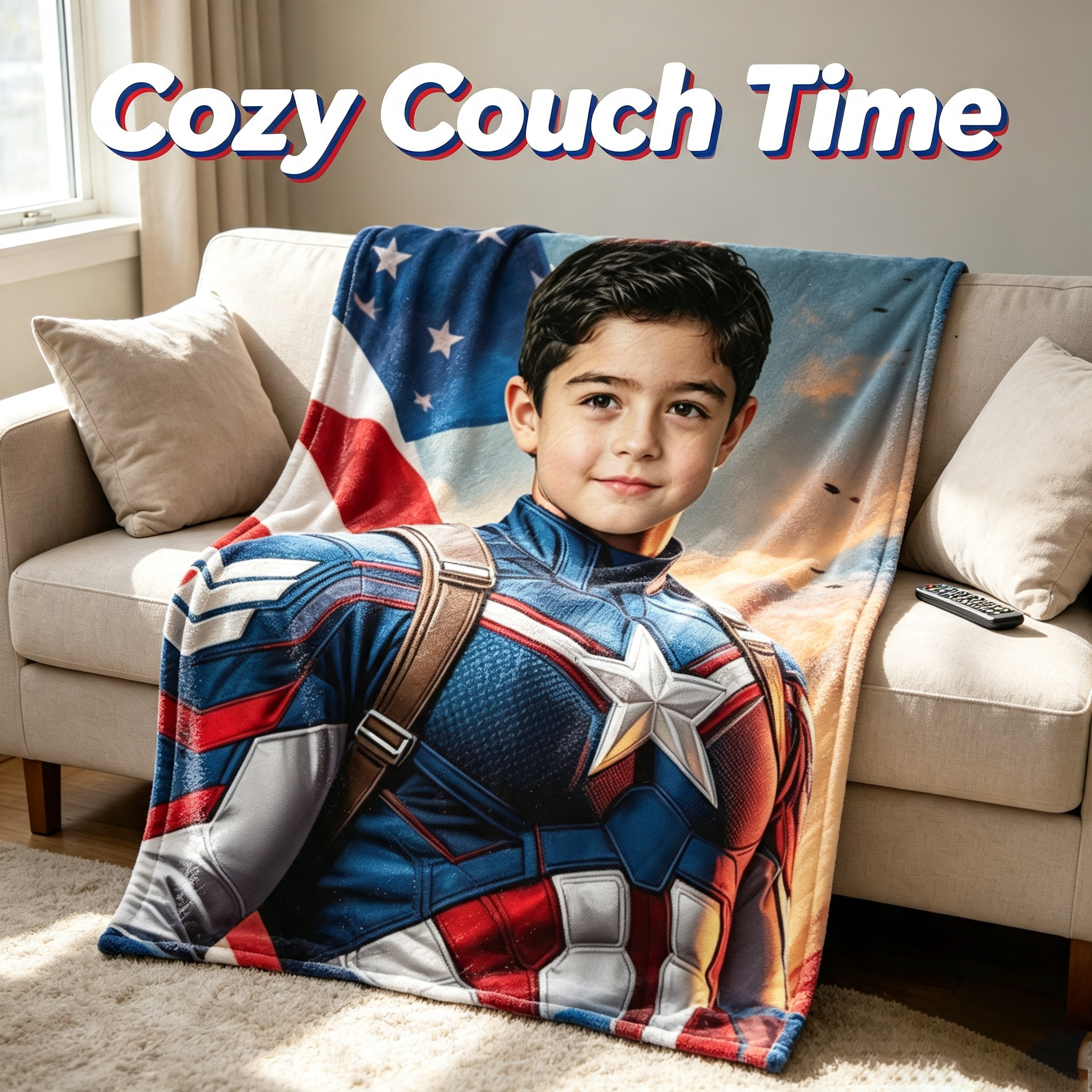DIY Custom Photo Captain America Flannel Blanket – Personalized Hero-Themed Throw for Kids (Sofa Blanket Gift)
