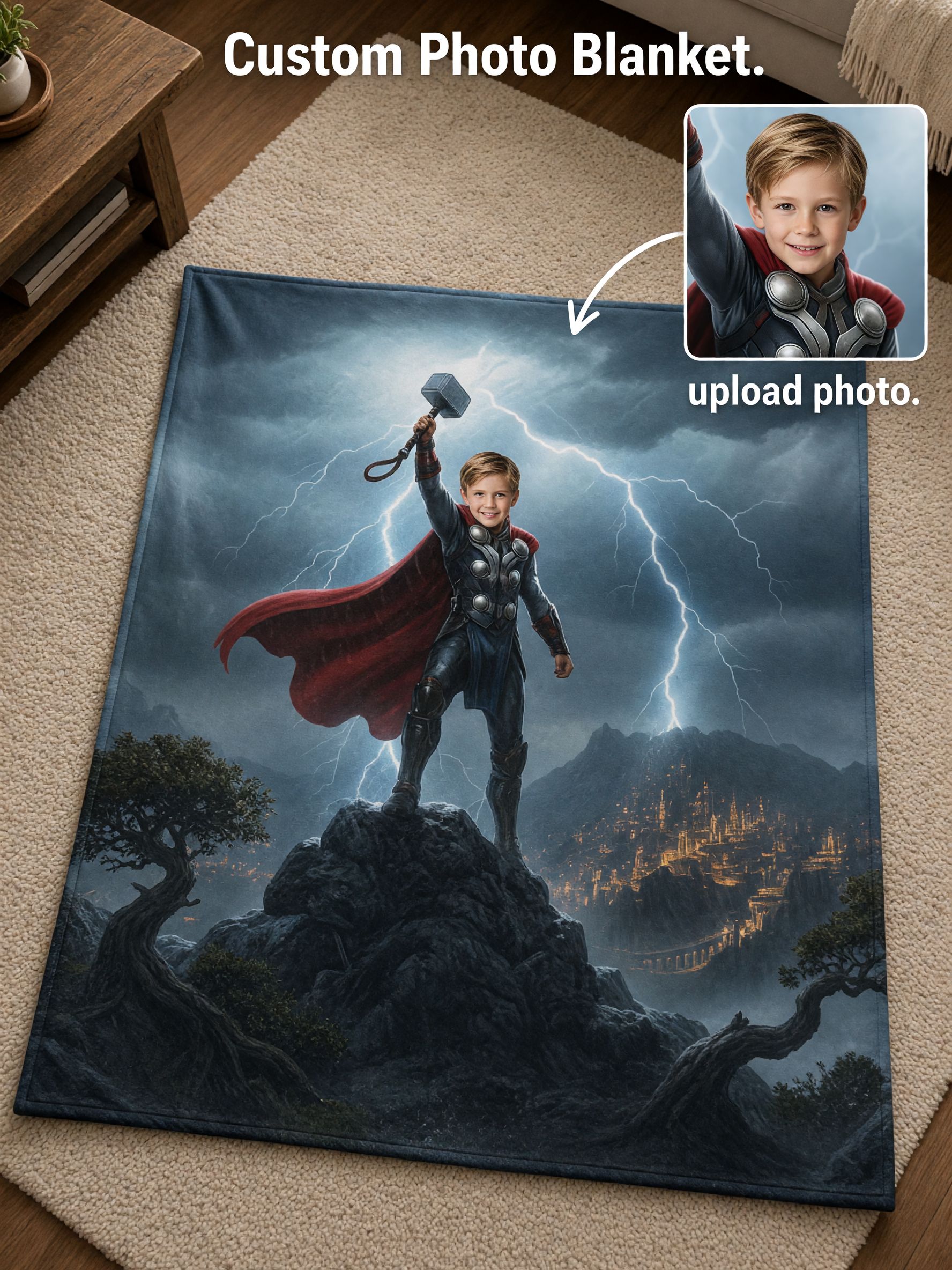 Custom Photo Superhero Blanket Soft Flannel Fleece Throw Cozy Personalized Face Birthday Gift for Kids