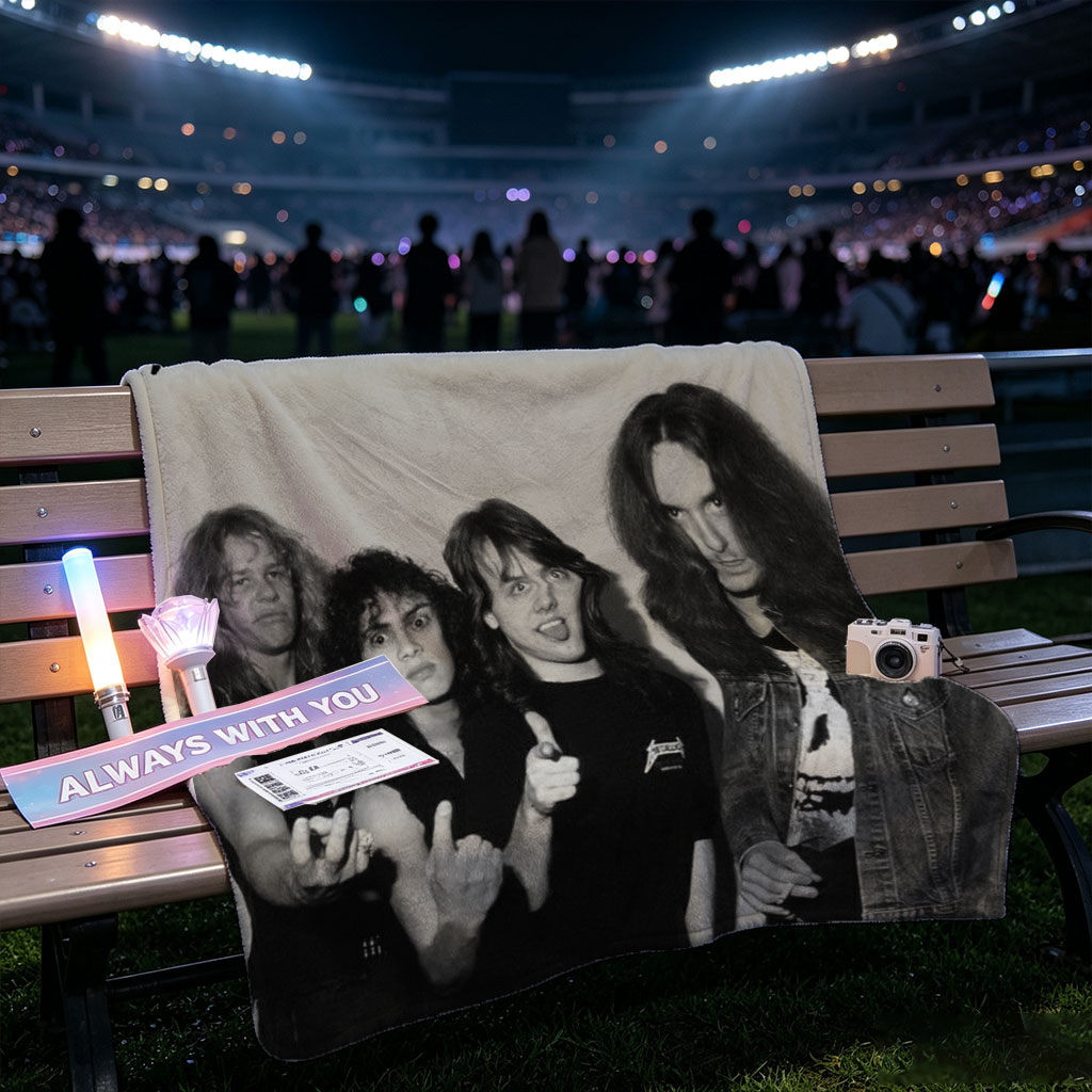 Metallica Band Members in Classic Black and White Portrait with Iconic Logo - Blankets