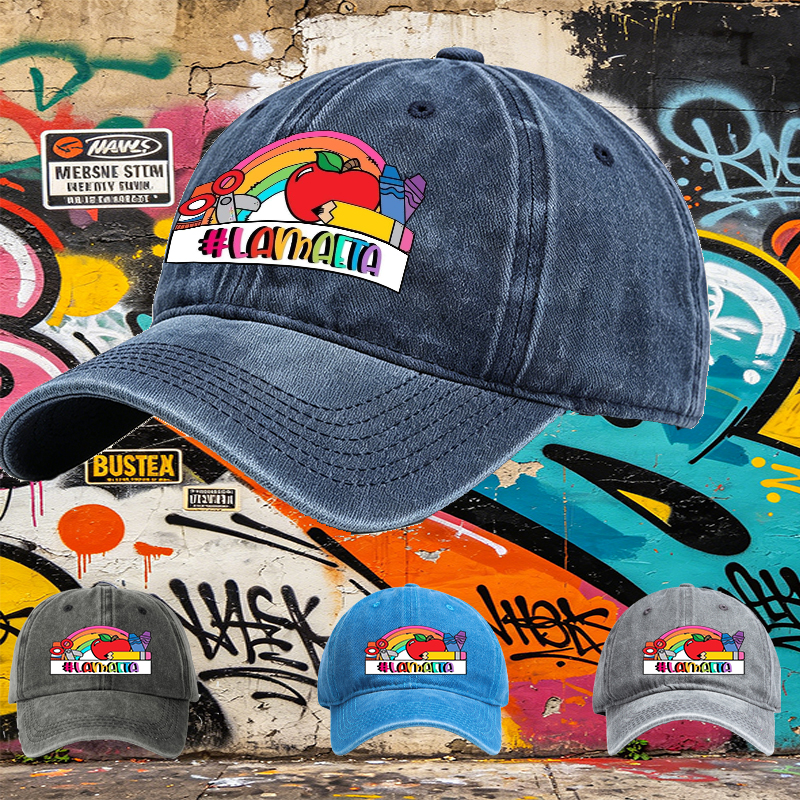 Unisex Classic Washed Cotton Hat with Rainbow Apple Art and #LAMMAETA Print - Perfect for School, Arts & Crafts, Teachers and Creative Adults