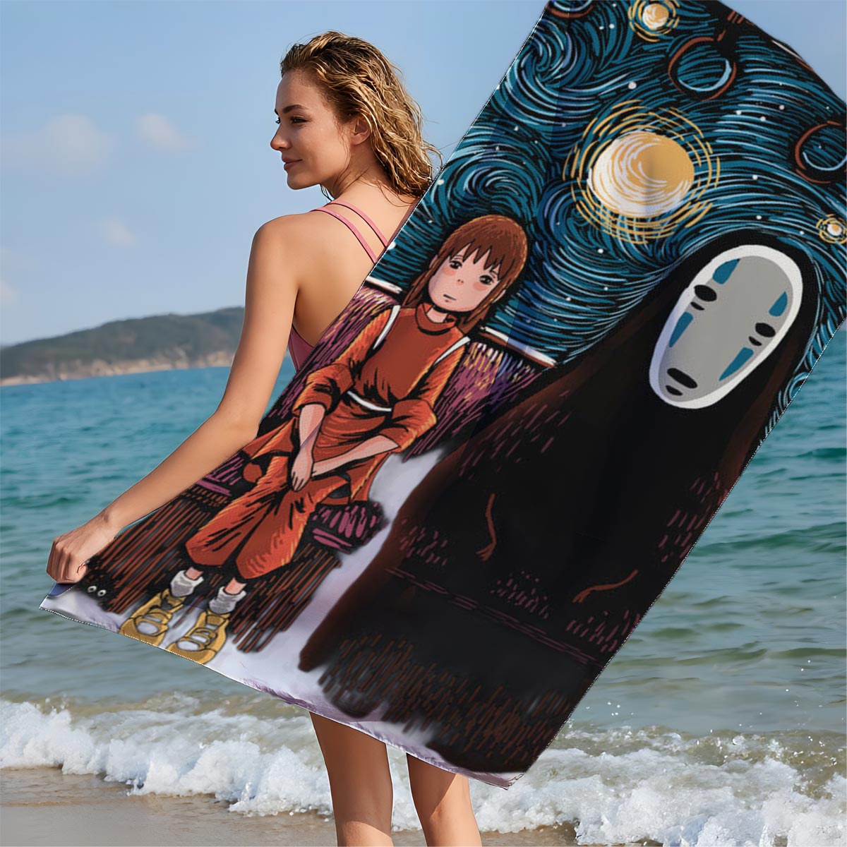 Chihiro and No-Face in a Starry Night Setting - Beach towels