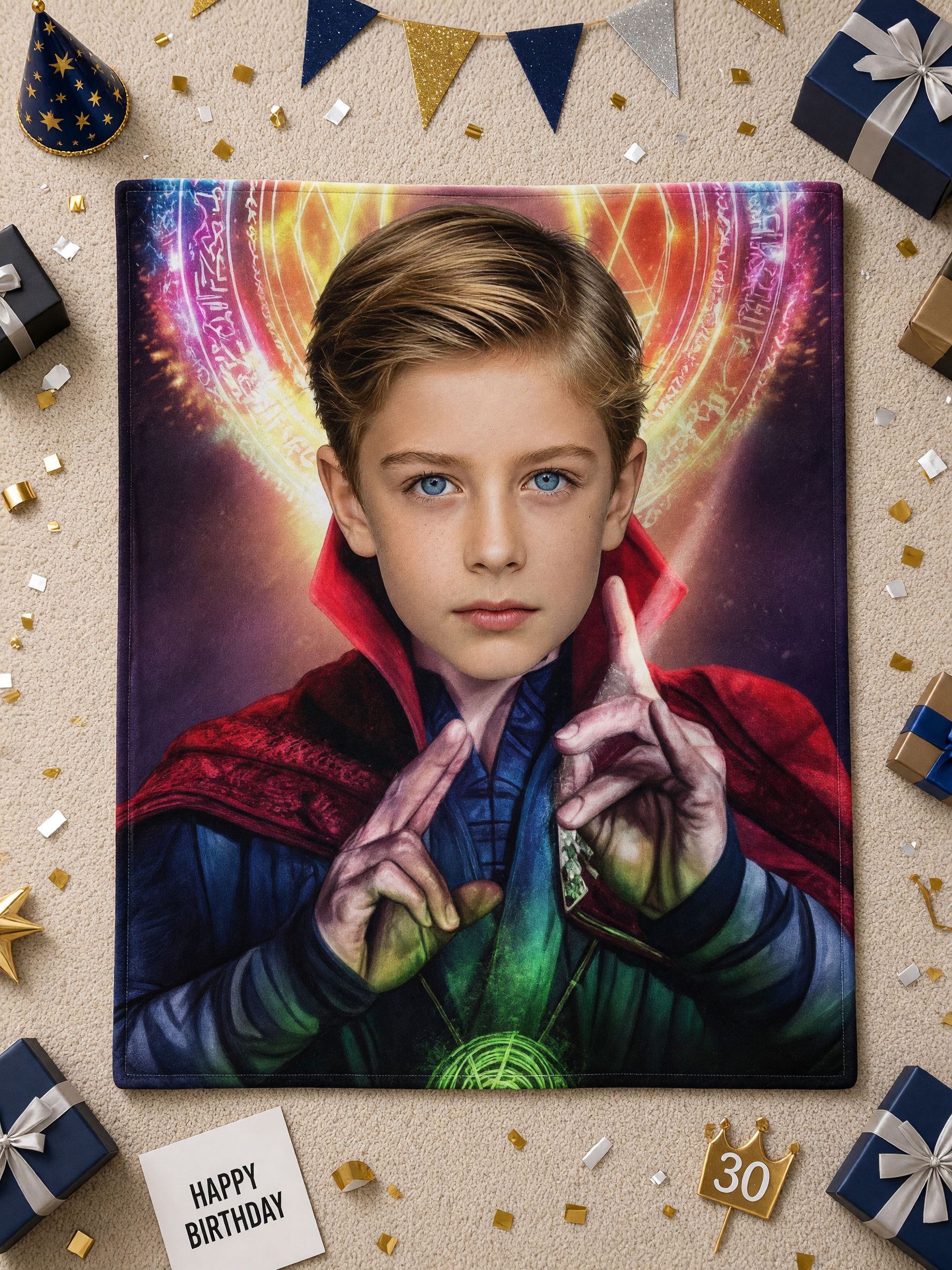 Custom Photo Face Blanket Personalized Flannel Throw with Mystic Sorcerer Hero Graphic Soft Cozy Fleece Keepsake for