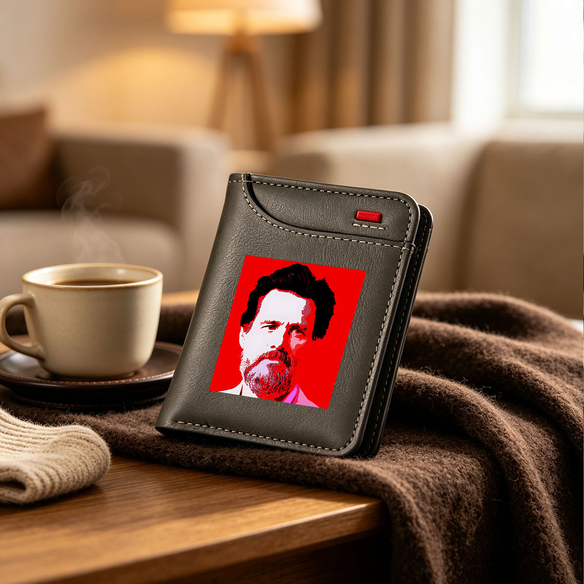 Portrait of a bearded man with intense gaze against red background - Vertical Style Wallet