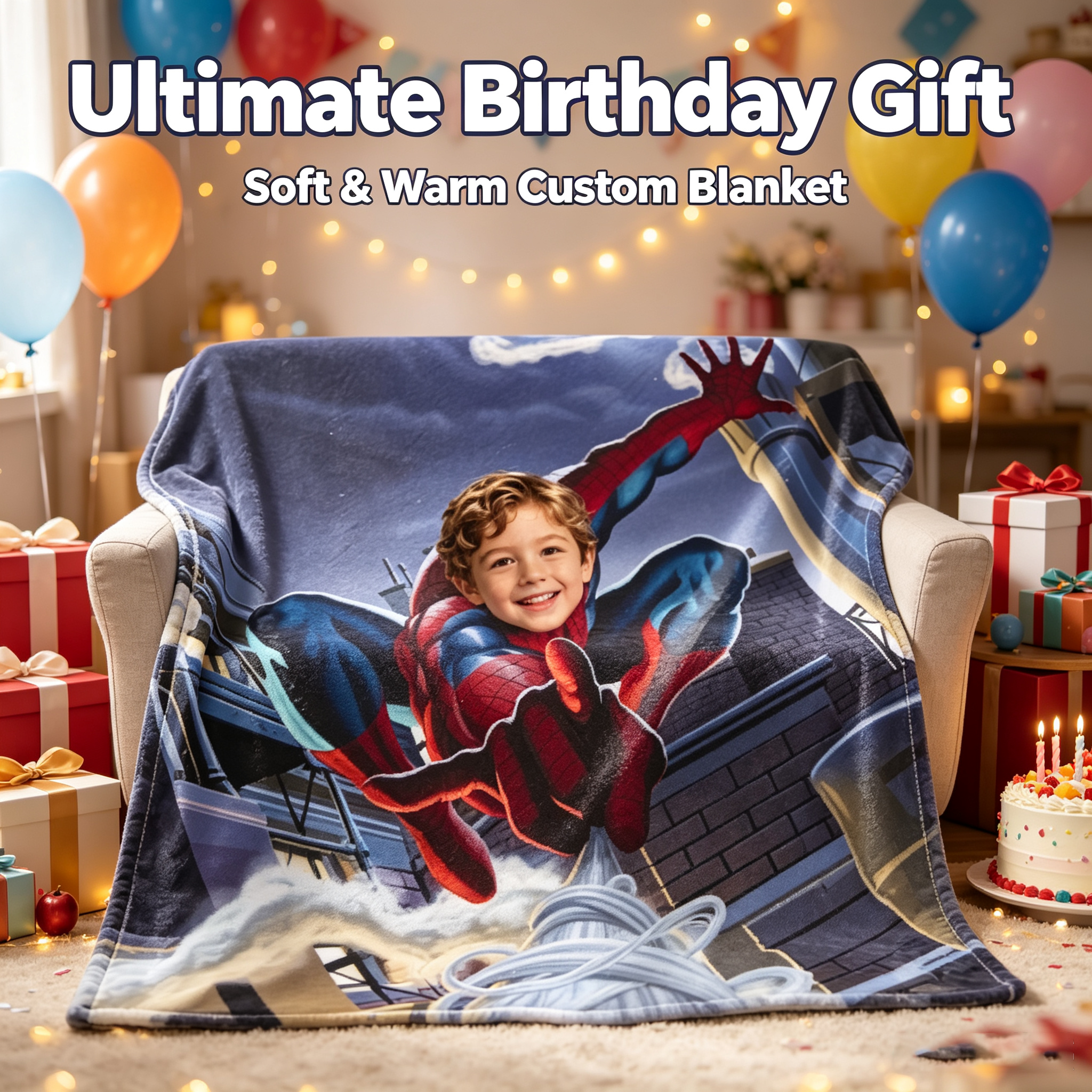 Custom Face Spider‑Man Blanket, Personalized Superhero Photo Throw, Soft Warm Flannel Blanket, Unique Birthday Gift for Kids Boys