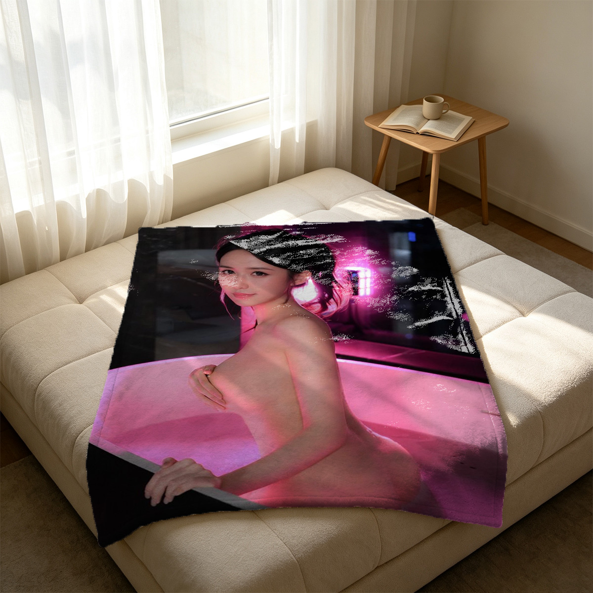 Nude woman posing on red leather couch. - Blanket