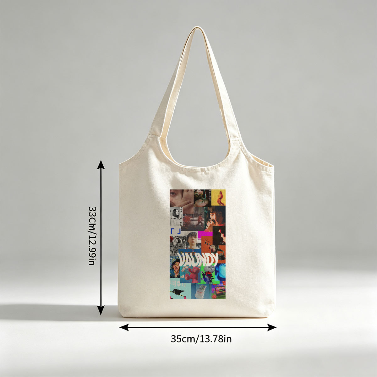 VAUNDY in a vibrant collage of artistic scenes featuring expressive faces, colorful imagery, and dynamic visuals - Canvas shoulder bags/